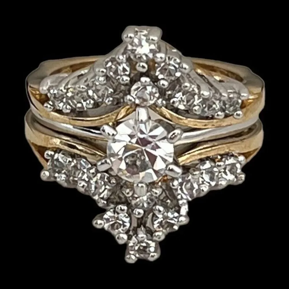 Vintage 1970s Wedding Ring Set Size 7 CZ Bridal Cluster Gold Plated Band - 14R